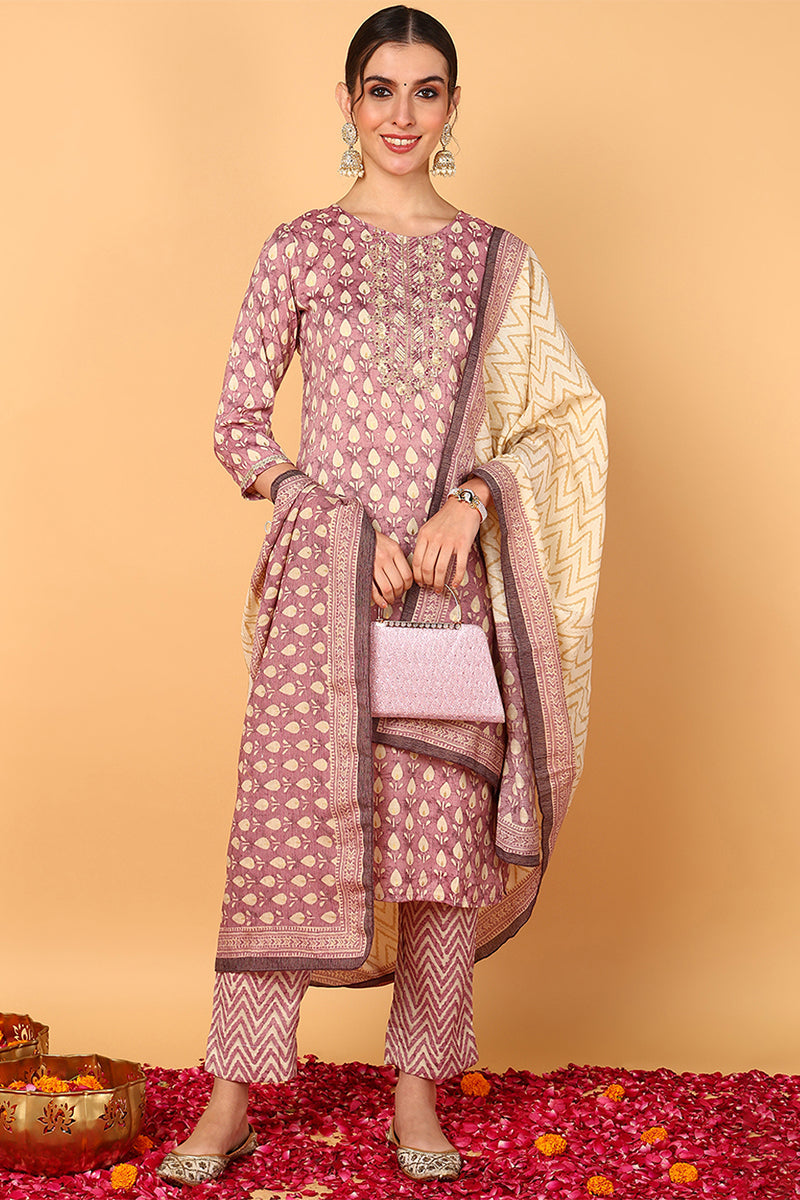 Mauve-Silk-Blend-Ethnic-Motifs-Printed-3-Piece-Kurta-Set