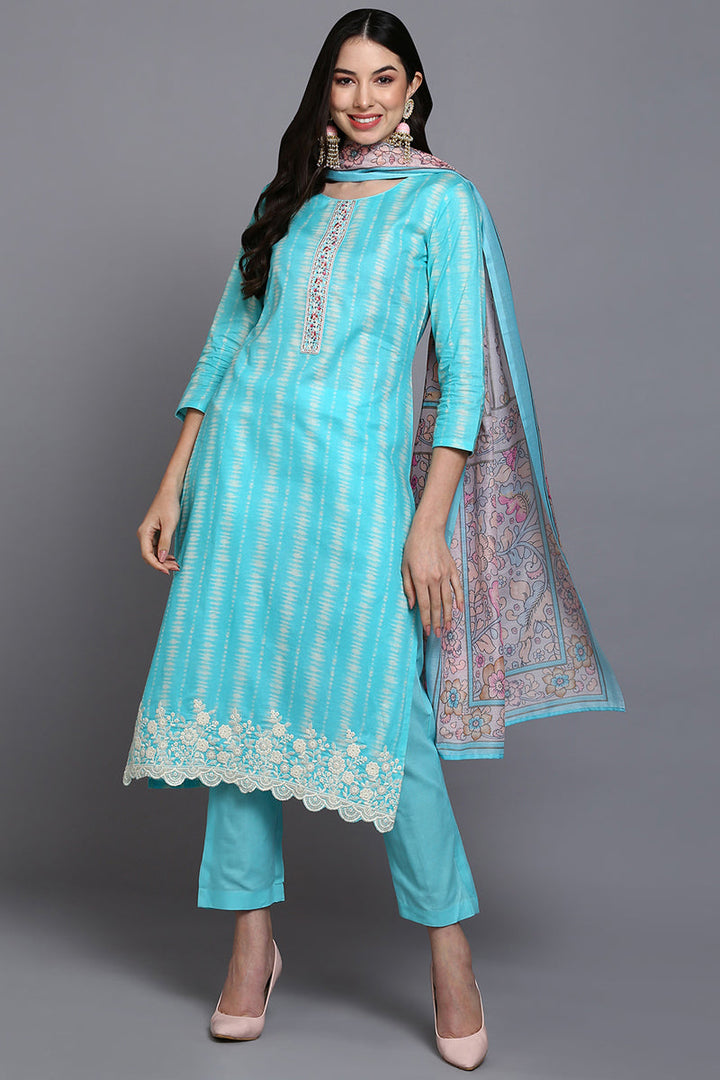Turquoise-Blue-Rayon-Blend-Printed-Straight-3-Piece-Kurta-Set
