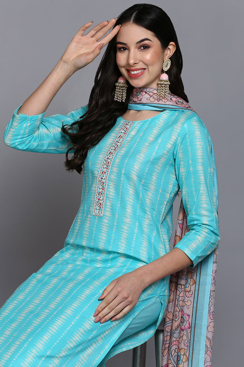 Turquoise-Blue-Rayon-Blend-Printed-Straight-3-Piece-Kurta-Set