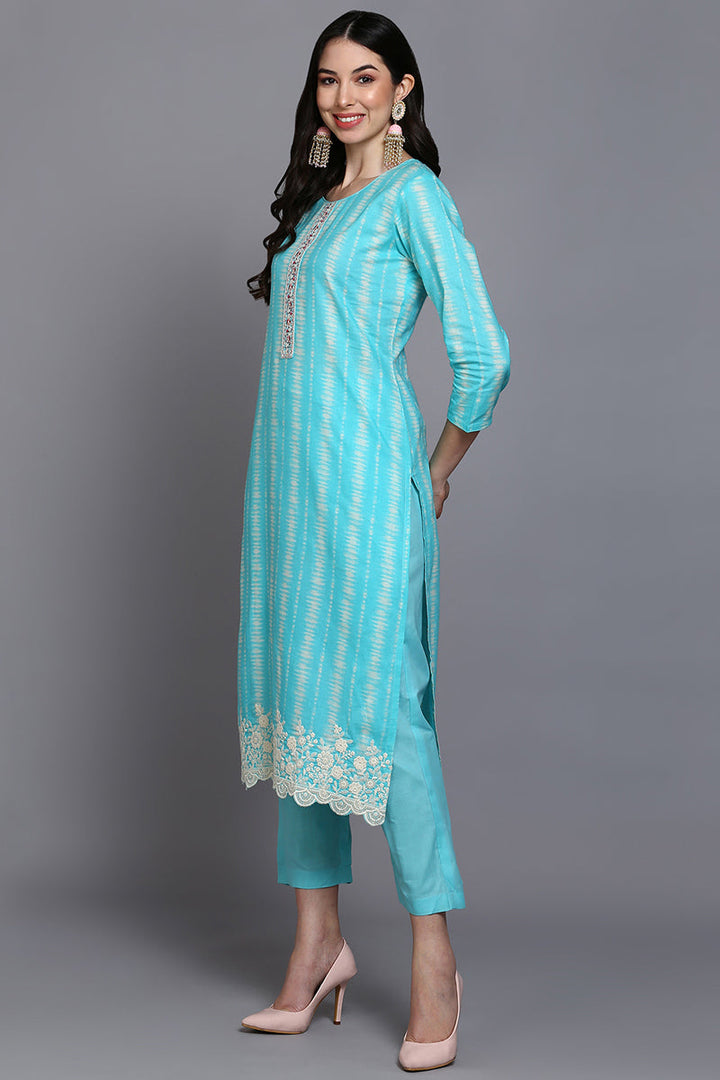 Turquoise-Blue-Rayon-Blend-Printed-Straight-3-Piece-Kurta-Set