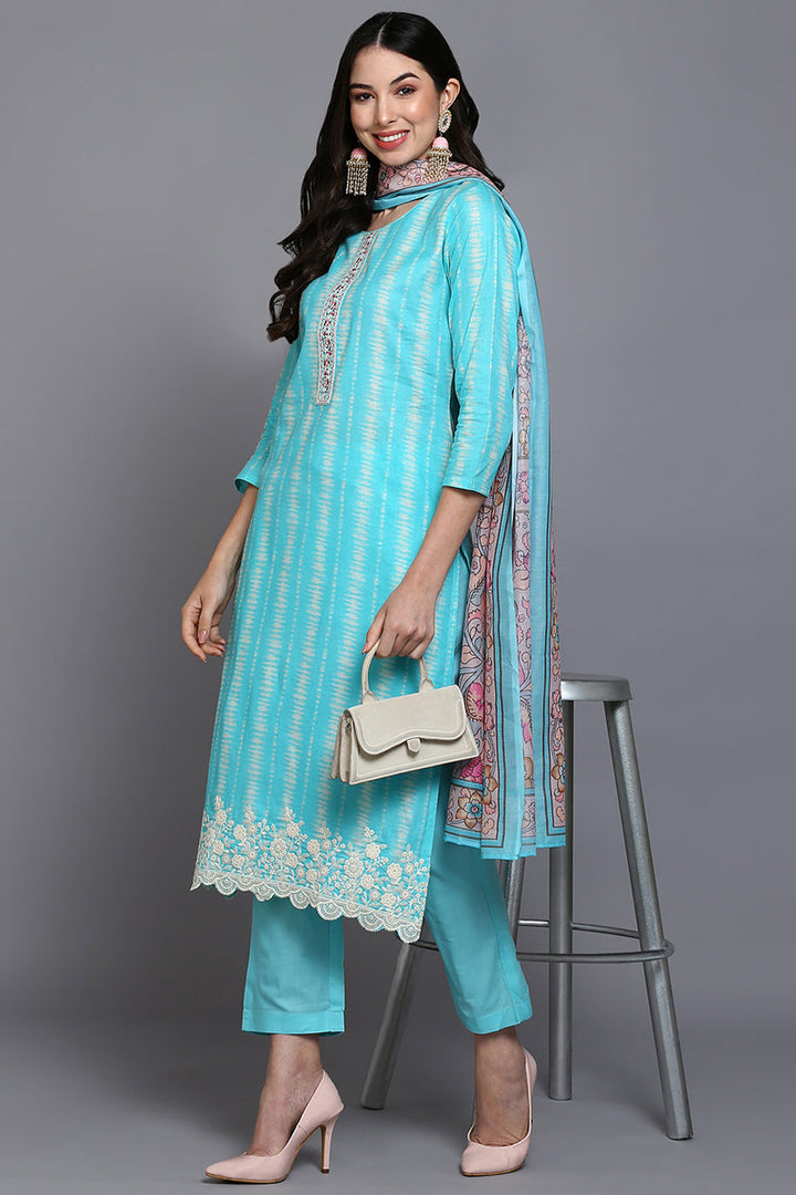 Turquoise-Blue-Rayon-Blend-Printed-Straight-3-Piece-Kurta-Set