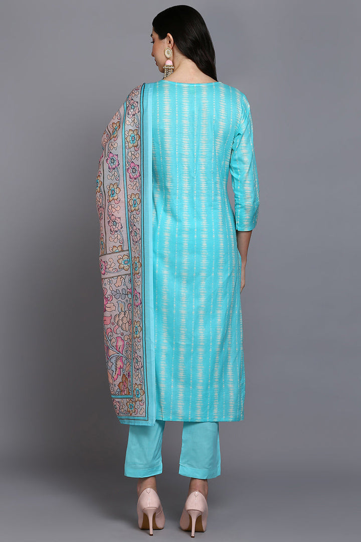 Turquoise-Blue-Rayon-Blend-Printed-Straight-3-Piece-Kurta-Set