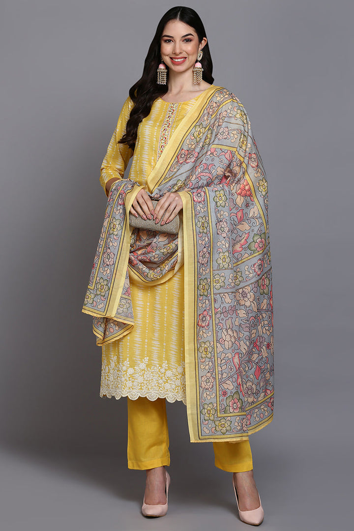Yellow-Rayon-Blend-Printed-Straight-3-Piece-Kurta-Set