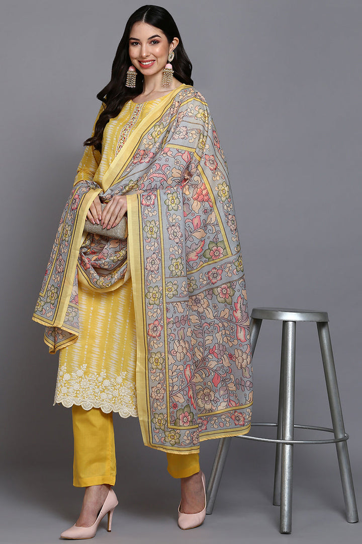 Yellow-Rayon-Blend-Printed-Straight-3-Piece-Kurta-Set