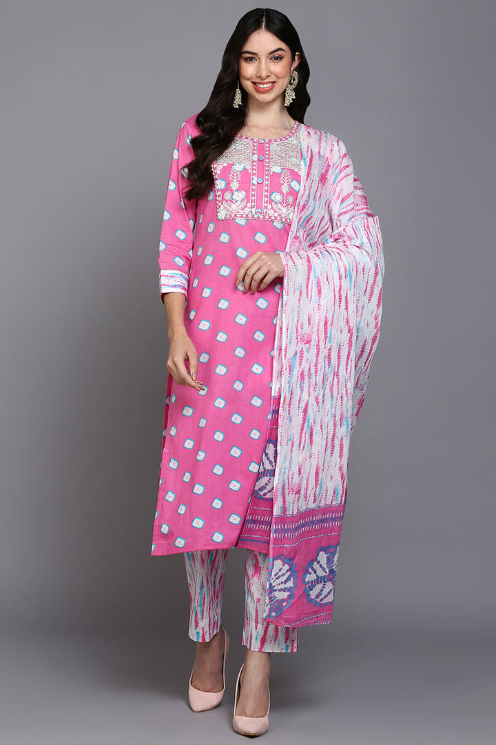 Pink-Cotton-Bandhani-Printed-Straight-3-Piece-Kurta-Set