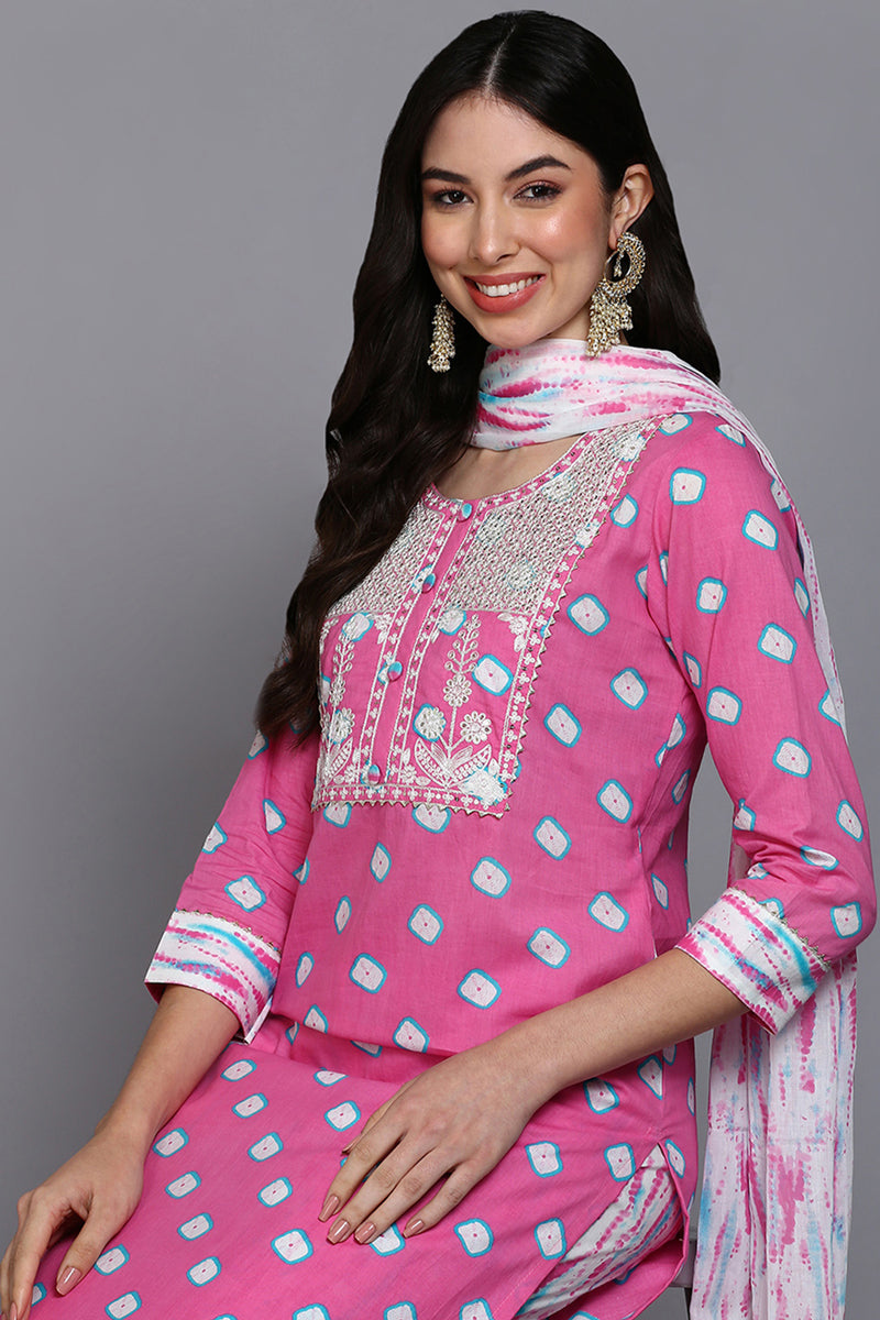 Pink-Cotton-Bandhani-Printed-Straight-3-Piece-Kurta-Set