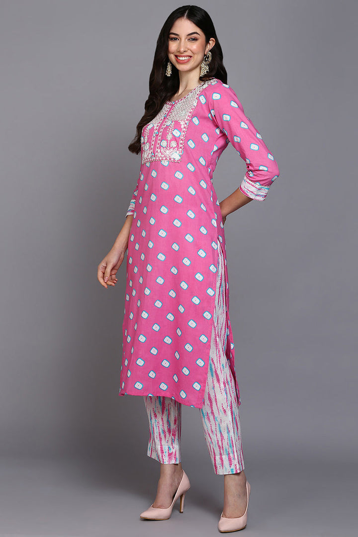 Pink-Cotton-Bandhani-Printed-Straight-3-Piece-Kurta-Set