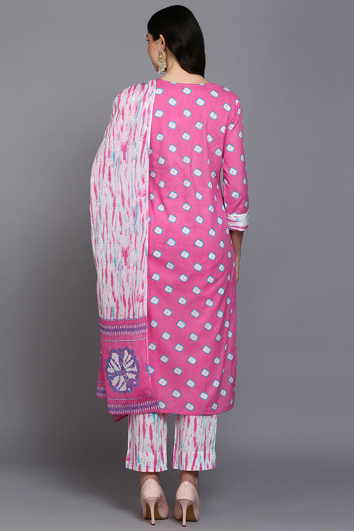 Pink-Cotton-Bandhani-Printed-Straight-3-Piece-Kurta-Set