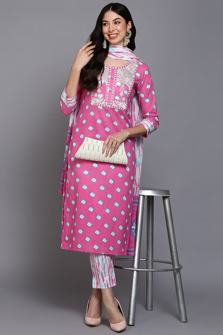 Pink-Cotton-Bandhani-Printed-Straight-3-Piece-Kurta-Set