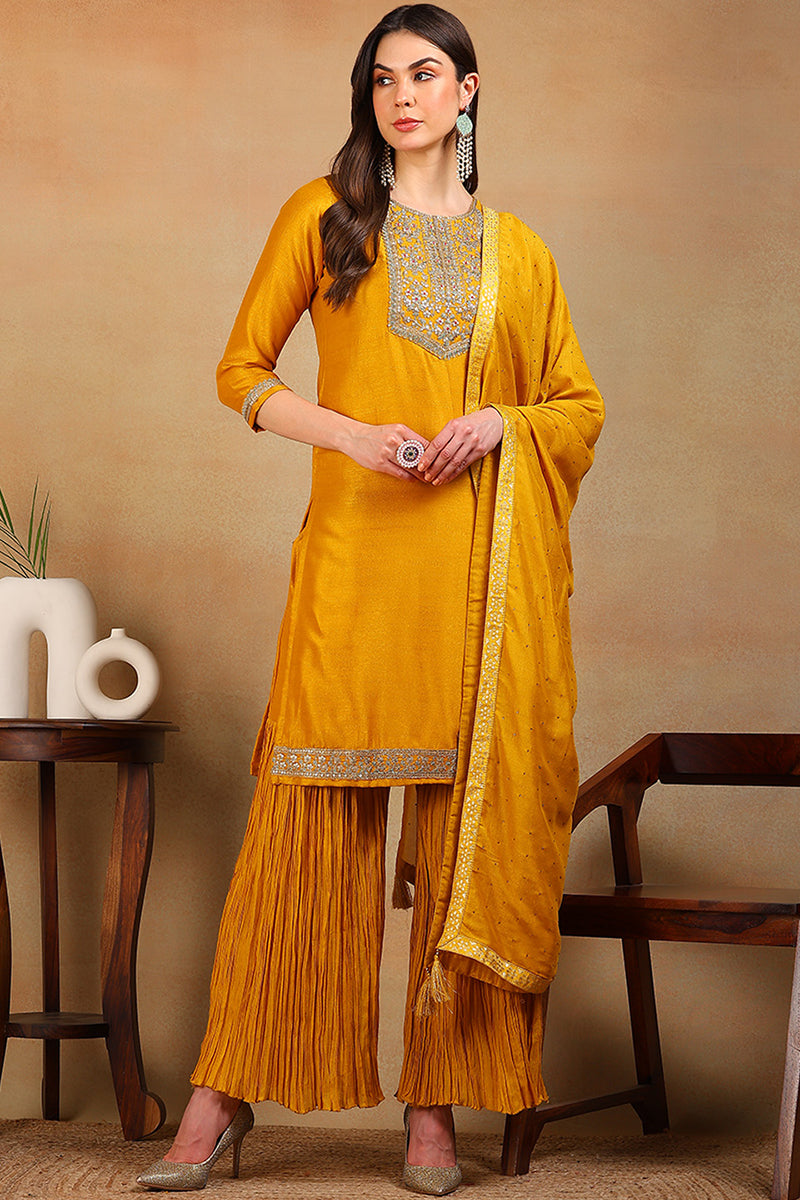 ZERESOUQ-Yellow-Silk-Blend-Solid-Embroidery-Straight-3-Piece-Kurta-Set