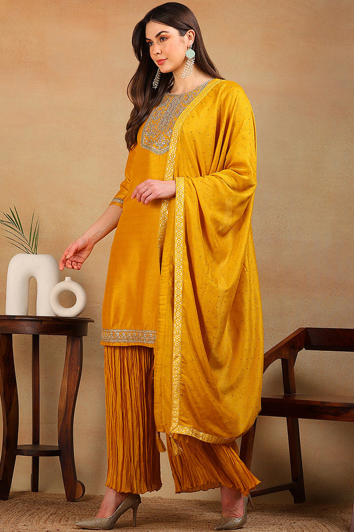 Yellow-Silk-Blend-Solid-Embroidery-Straight-3-Piece-Kurta-Set