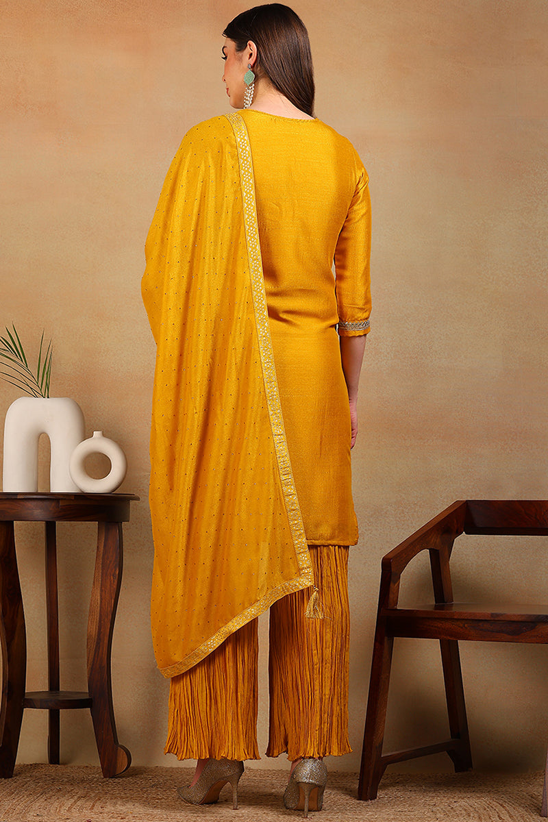 Yellow-Silk-Blend-Solid-Embroidery-Straight-3-Piece-Kurta-Set