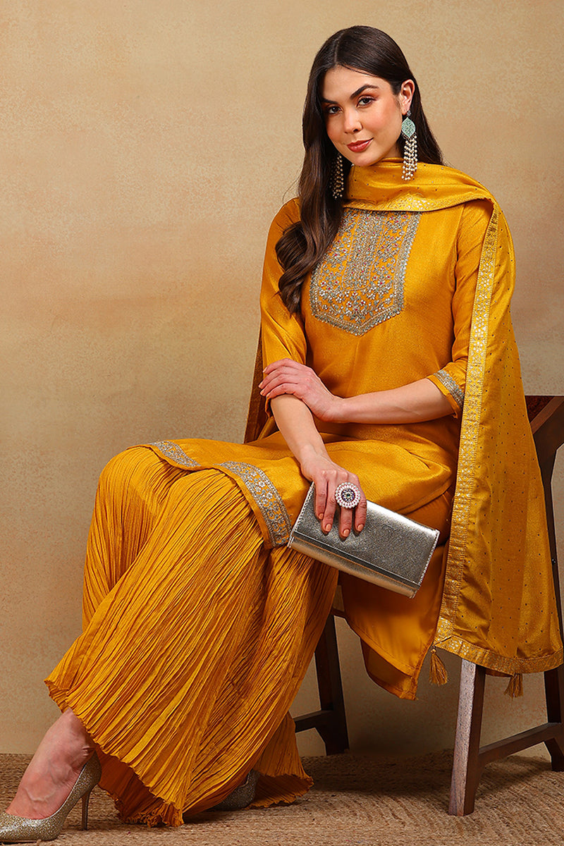 Yellow-Silk-Blend-Solid-Embroidery-Straight-3-Piece-Kurta-Set