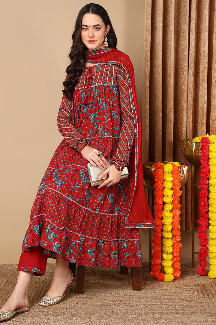ZERESOUQ-Maroon-Pure-Cotton-Floral-Printed-Flared-Style-Anarkali-Set
