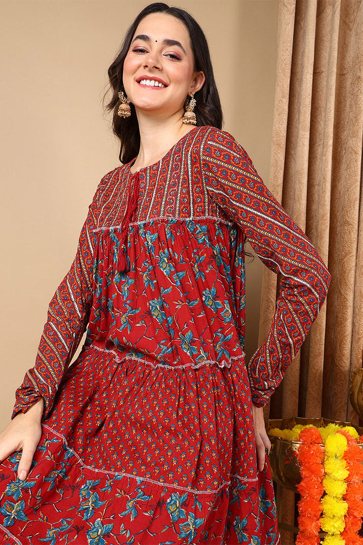 ZERESOUQ-Maroon-Pure-Cotton-Floral-Printed-Flared-Style-Anarkali-Set