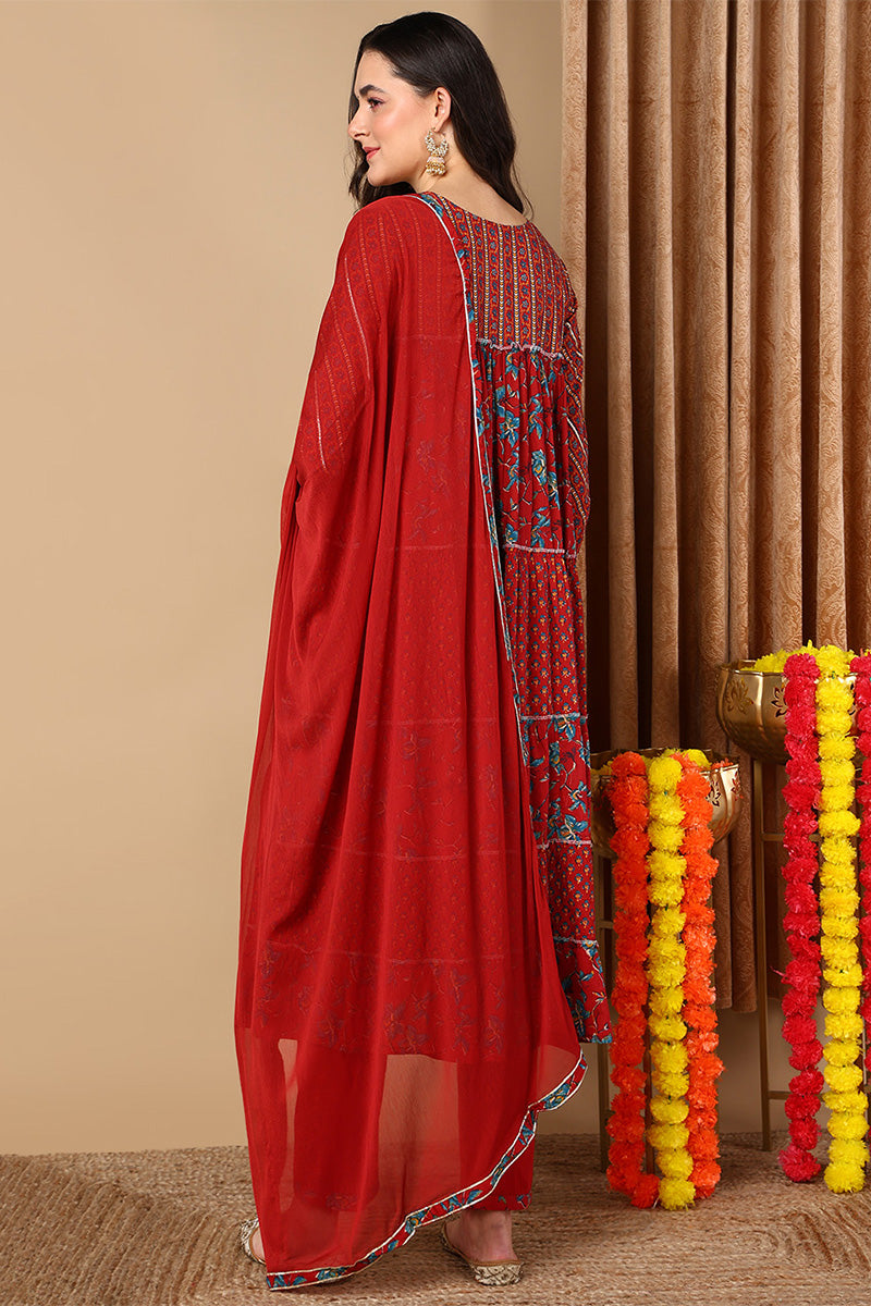 ZERESOUQ-Maroon-Pure-Cotton-Floral-Printed-Flared-Style-Anarkali-Set
