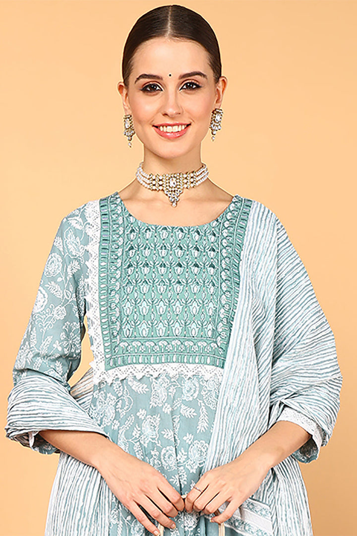 ZERESOUQ-Sea-Green-Cotton-Ethnic-Motifs-Yoke-Design-3-Piece-Kurta-Set