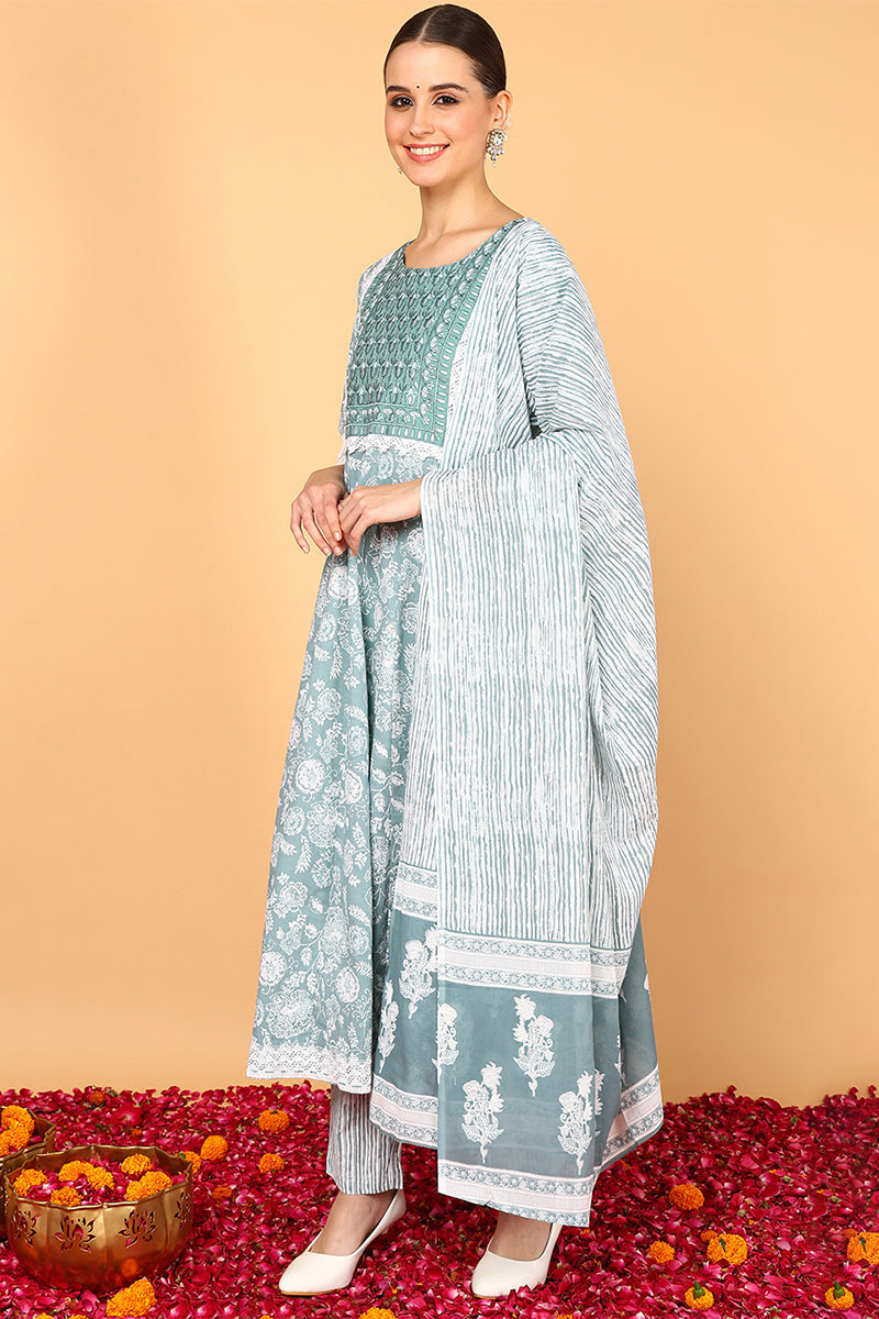 ZERESOUQ-Sea-Green-Cotton-Ethnic-Motifs-Yoke-Design-3-Piece-Kurta-Set
