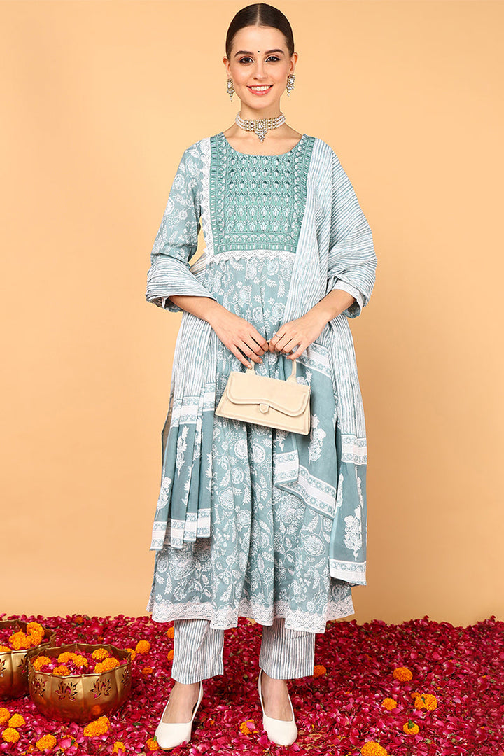 ZERESOUQ-Sea-Green-Cotton-Ethnic-Motifs-Yoke-Design-3-Piece-Kurta-Set