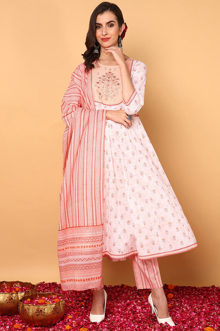 Peach-Cotton-Ethnic-Motifs-Yoke-Design-Flared-3-Piece-Kurta-Set