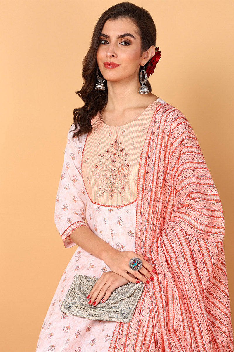 Peach-Cotton-Ethnic-Motifs-Yoke-Design-Flared-3-Piece-Kurta-Set