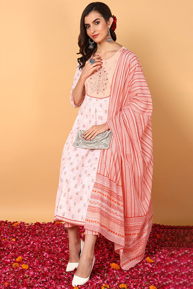 Peach-Cotton-Ethnic-Motifs-Yoke-Design-Flared-3-Piece-Kurta-Set