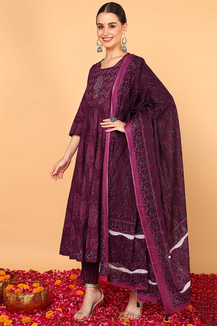 ZERESOUQ-Magenta-Cotton-Ethnic-Motifs-Yoke-Design-3-Piece-Kurta-Set