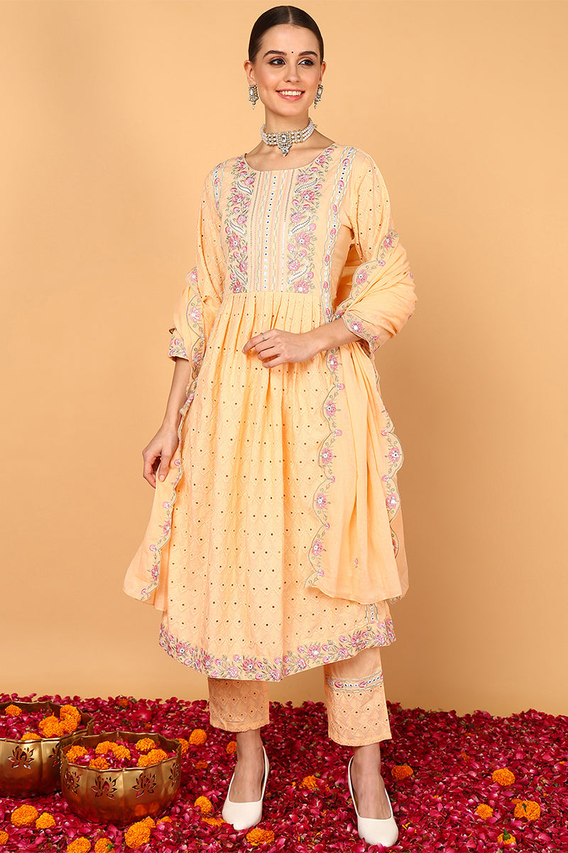 Orange-Pure-Cotton-Solid-Embroidered-3-Piece-Kurta-Set