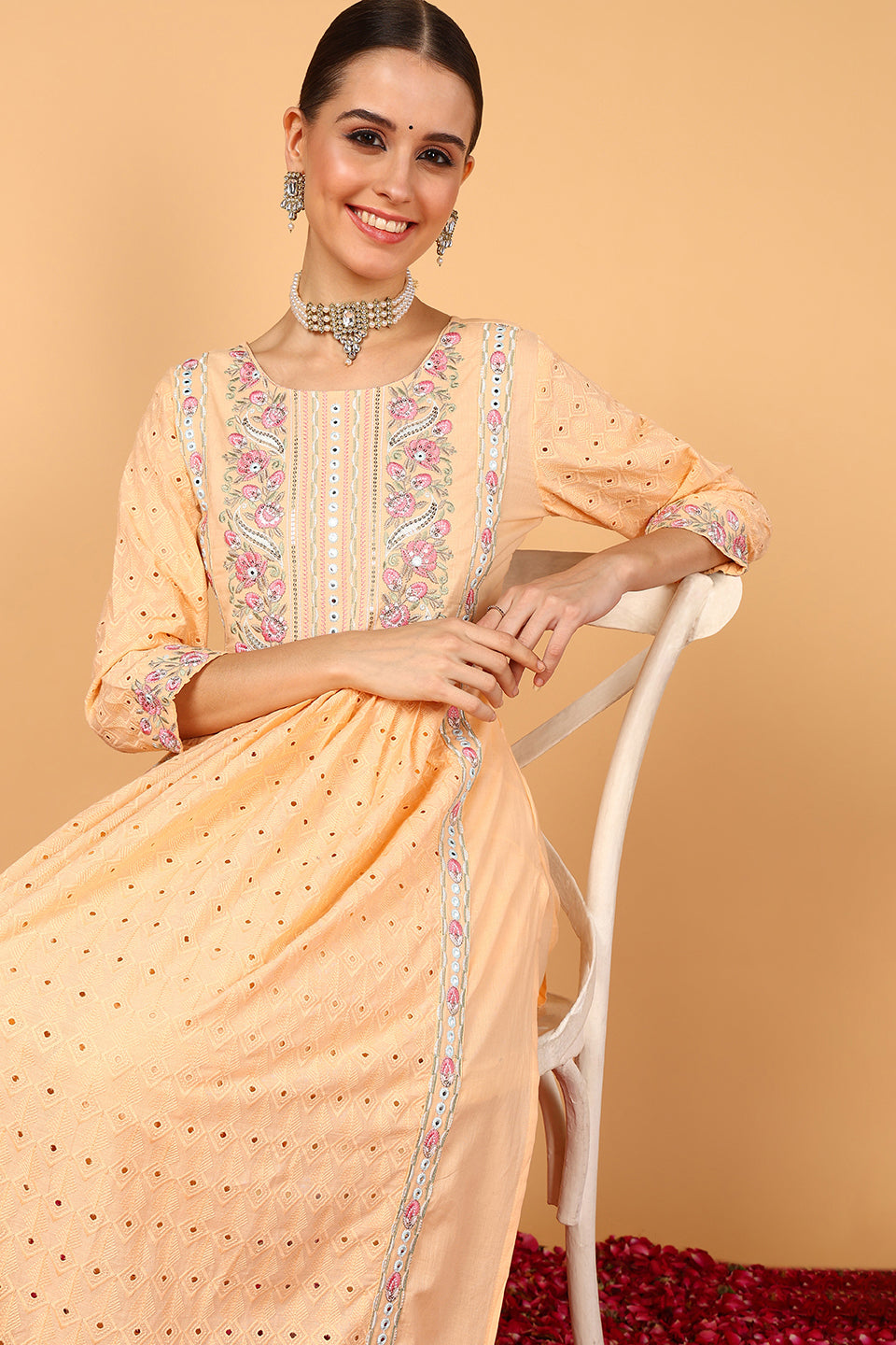 Orange-Pure-Cotton-Solid-Embroidered-3-Piece-Kurta-Set