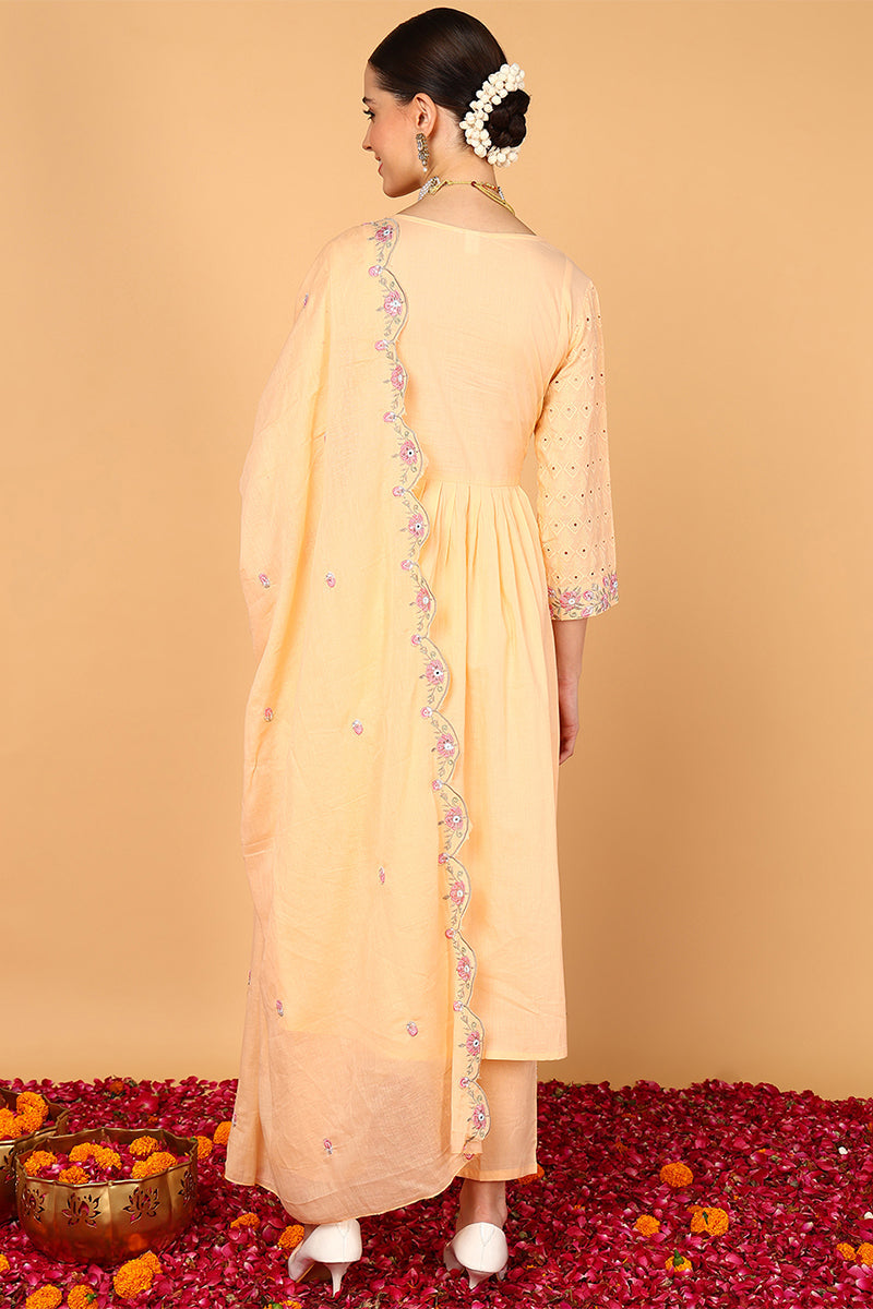 Orange-Pure-Cotton-Solid-Embroidered-3-Piece-Kurta-Set