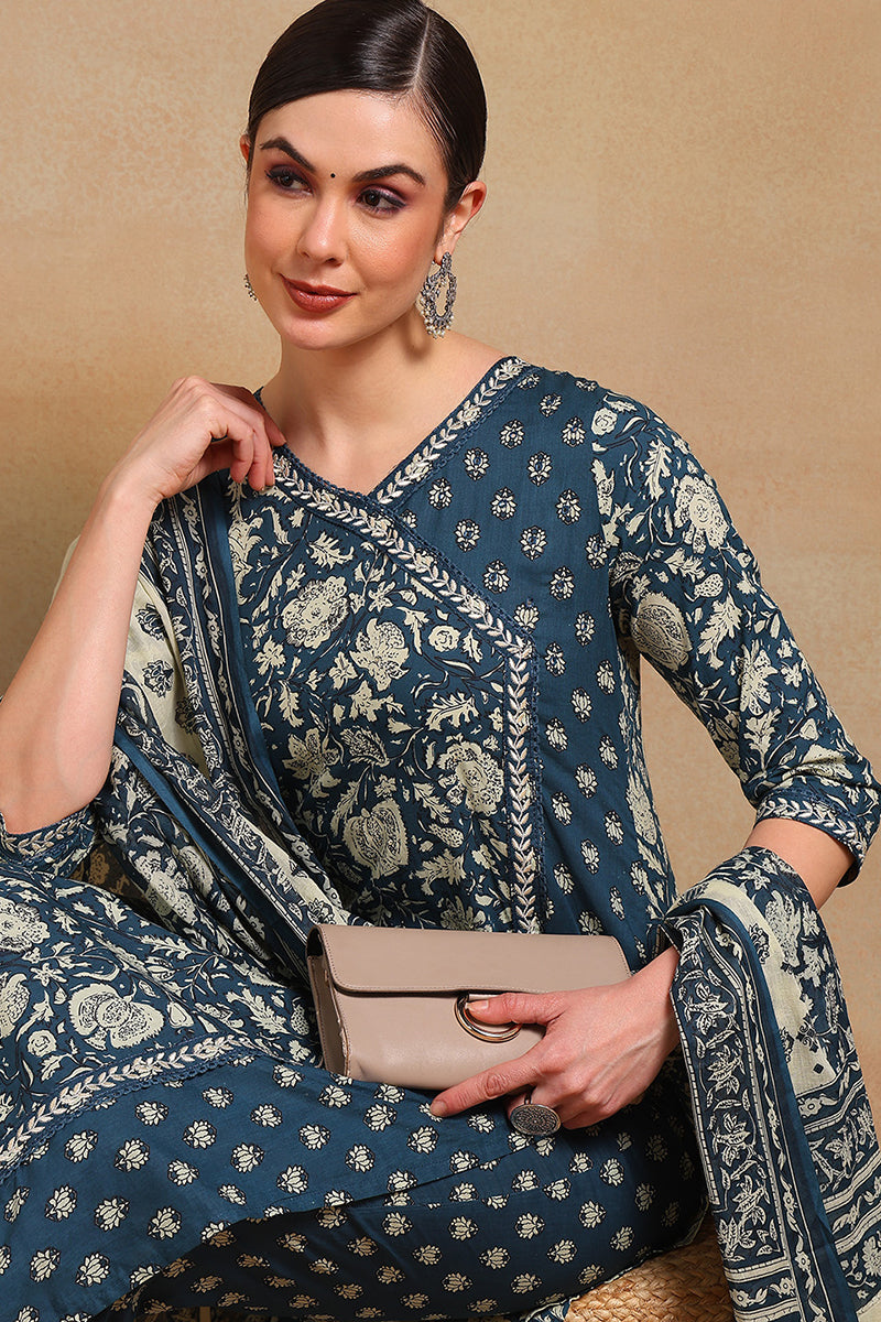 ZERESOUQ-Blue-Cotton-Floral-Print-Straight-Angrakha-3-Piece-Kurta-Set