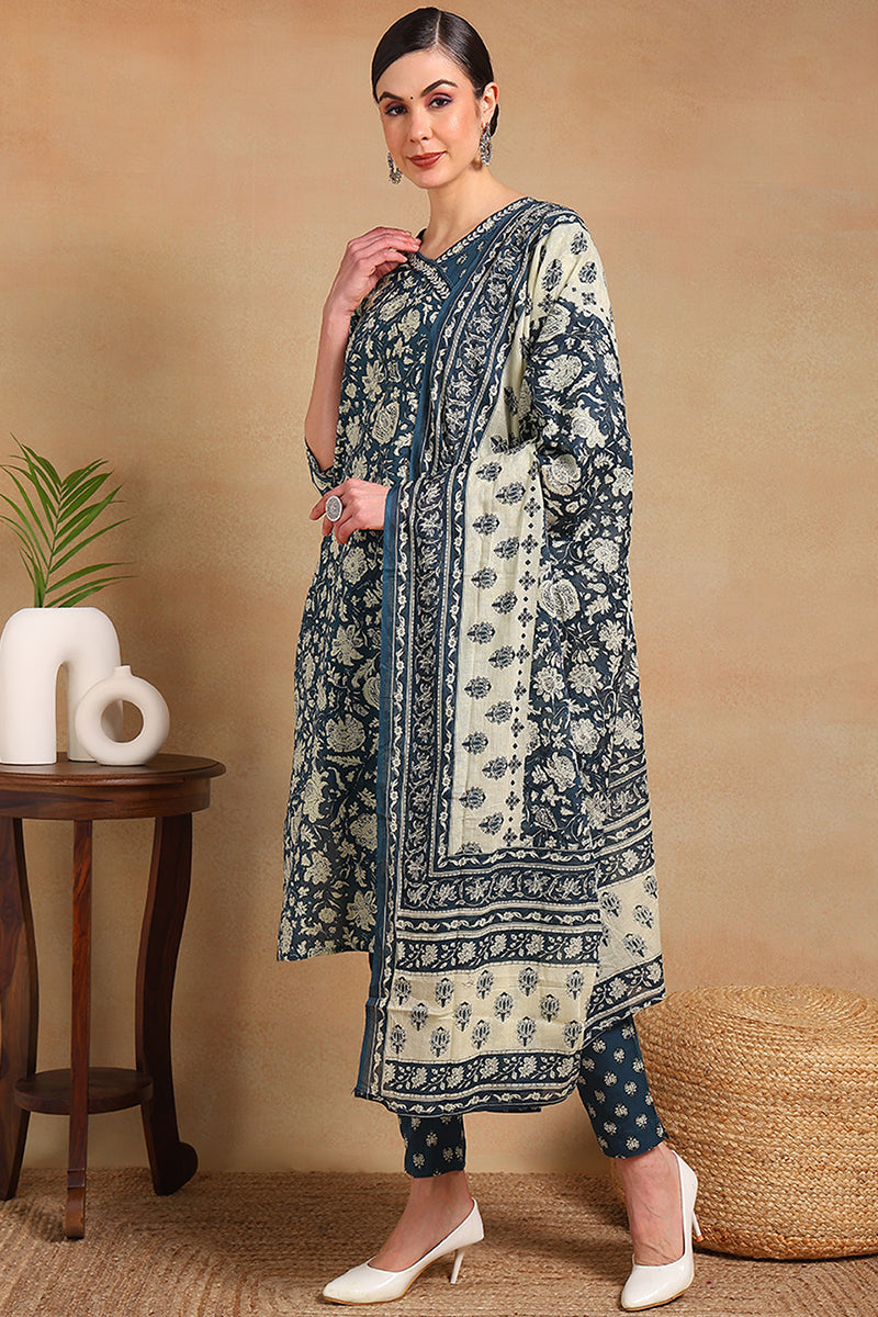 ZERESOUQ-Blue-Cotton-Floral-Print-Straight-Angrakha-3-Piece-Kurta-Set