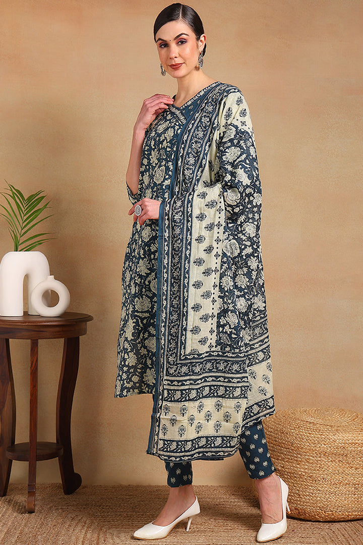 ZERESOUQ-Blue-Cotton-Floral-Print-Straight-Angrakha-3-Piece-Kurta-Set