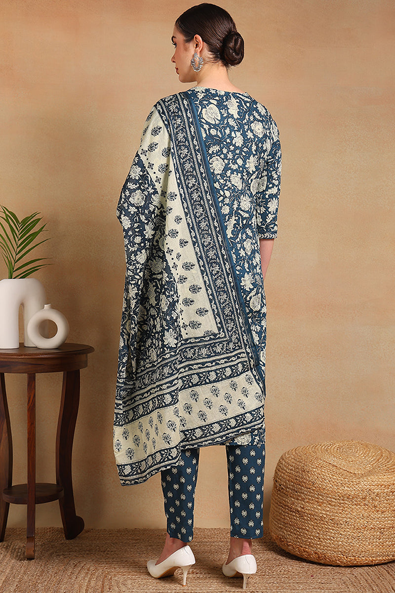 ZERESOUQ-Blue-Cotton-Floral-Print-Straight-Angrakha-3-Piece-Kurta-Set