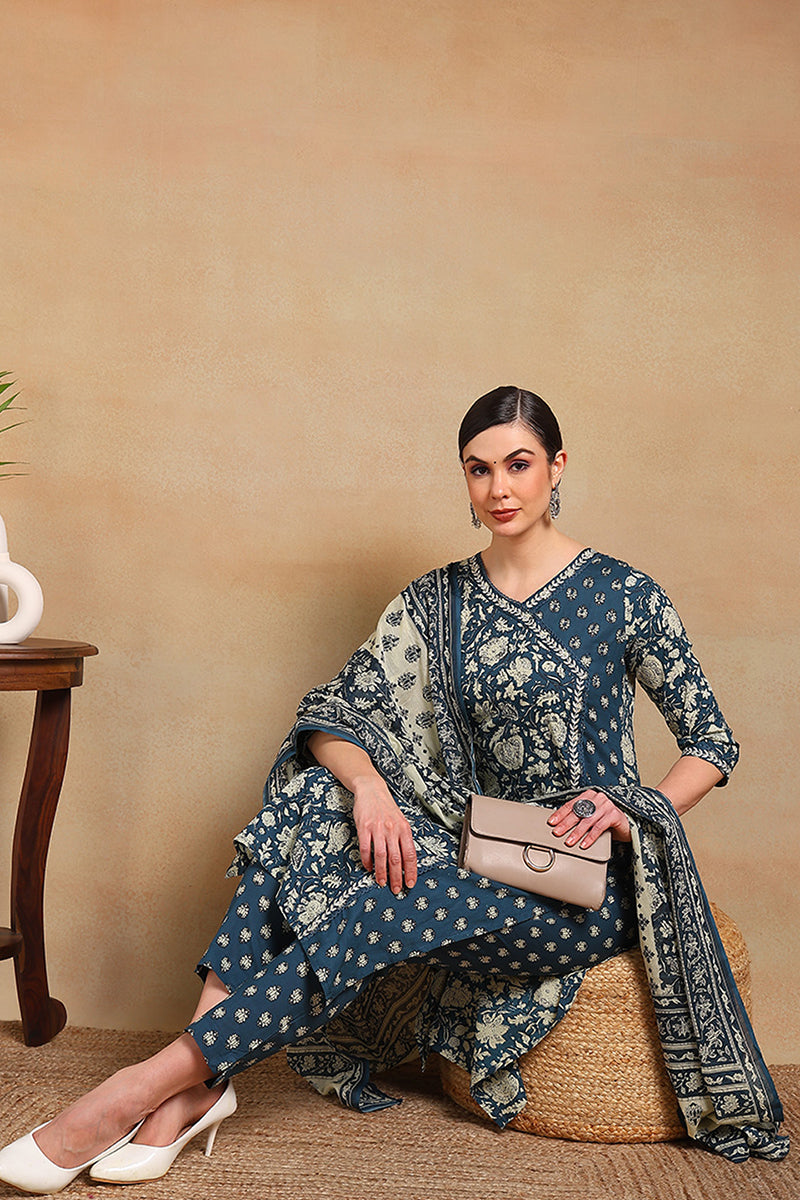 ZERESOUQ-Blue-Cotton-Floral-Print-Straight-Angrakha-3-Piece-Kurta-Set
