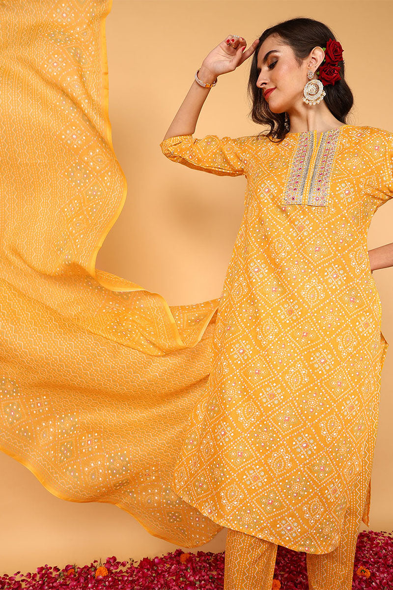 Yellow-Poly-Cotton-Bandhani-Printed-Straight-3-Piece-Kurta-Set