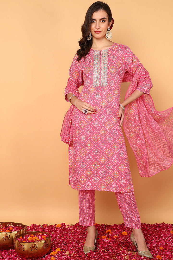 Pink-Poly-Cotton-Bandhani-Printed-Straight-3-Piece-Kurta-Set