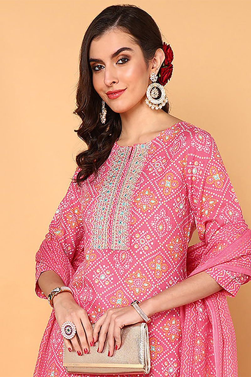 Pink-Poly-Cotton-Bandhani-Printed-Straight-3-Piece-Kurta-Set