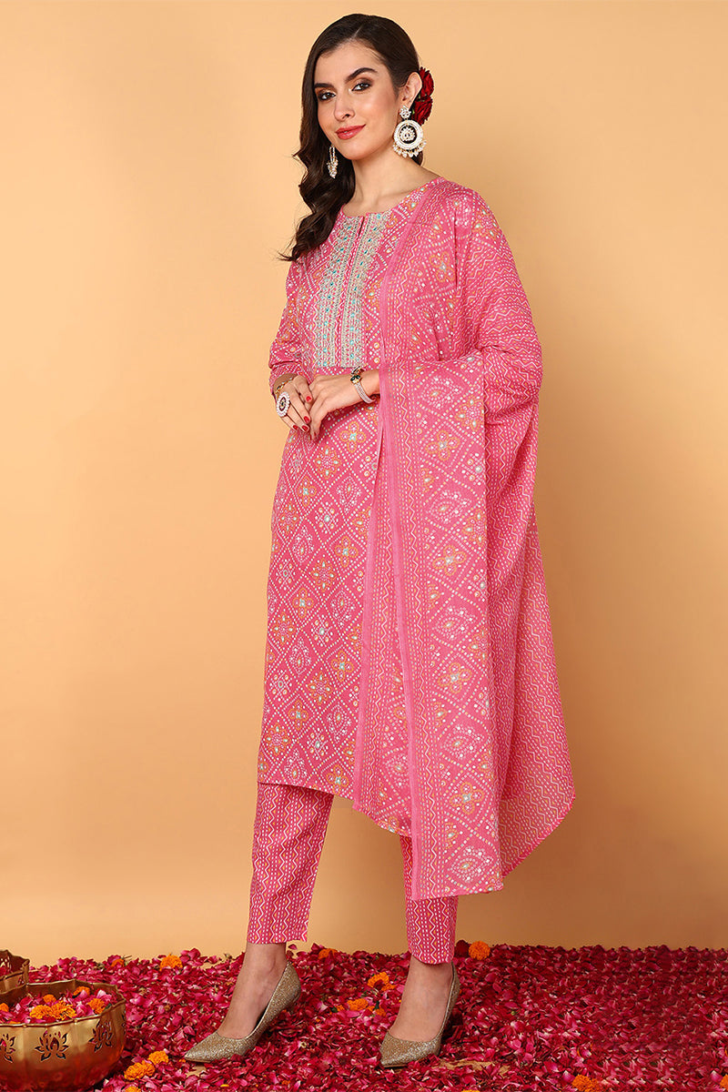 Pink-Poly-Cotton-Bandhani-Printed-Straight-3-Piece-Kurta-Set