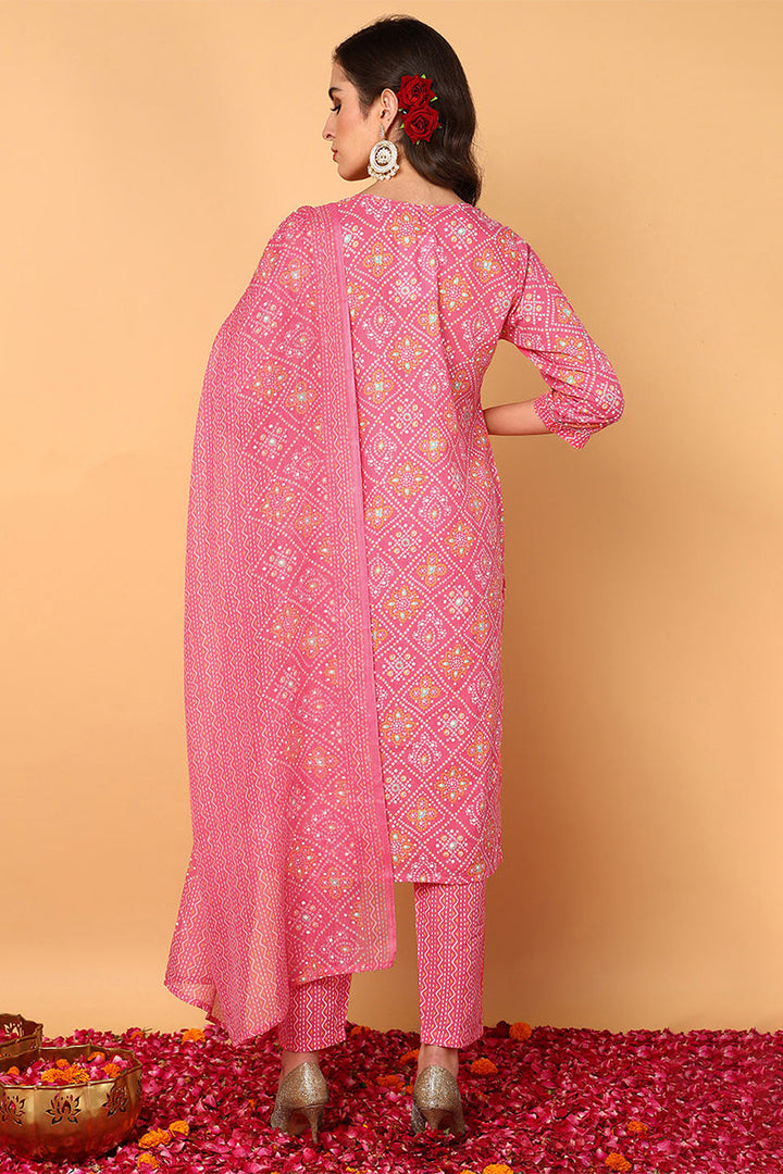 Pink-Poly-Cotton-Bandhani-Printed-Straight-3-Piece-Kurta-Set