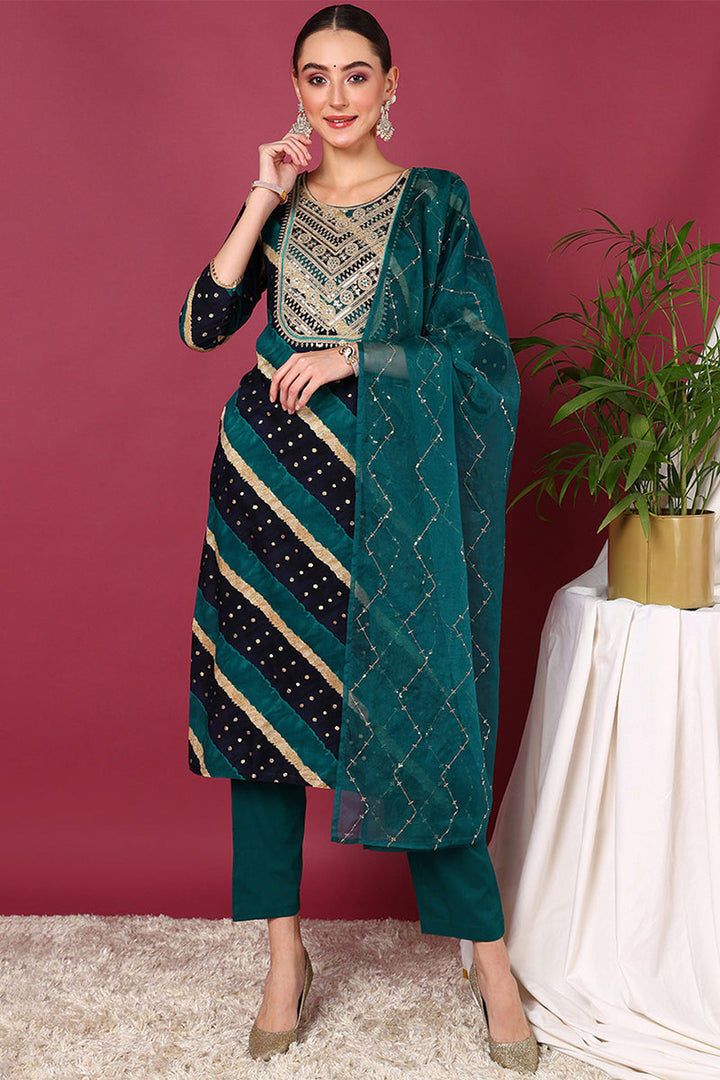 Navy Blue Viscose Rayon Leheriya Printed Suit Set