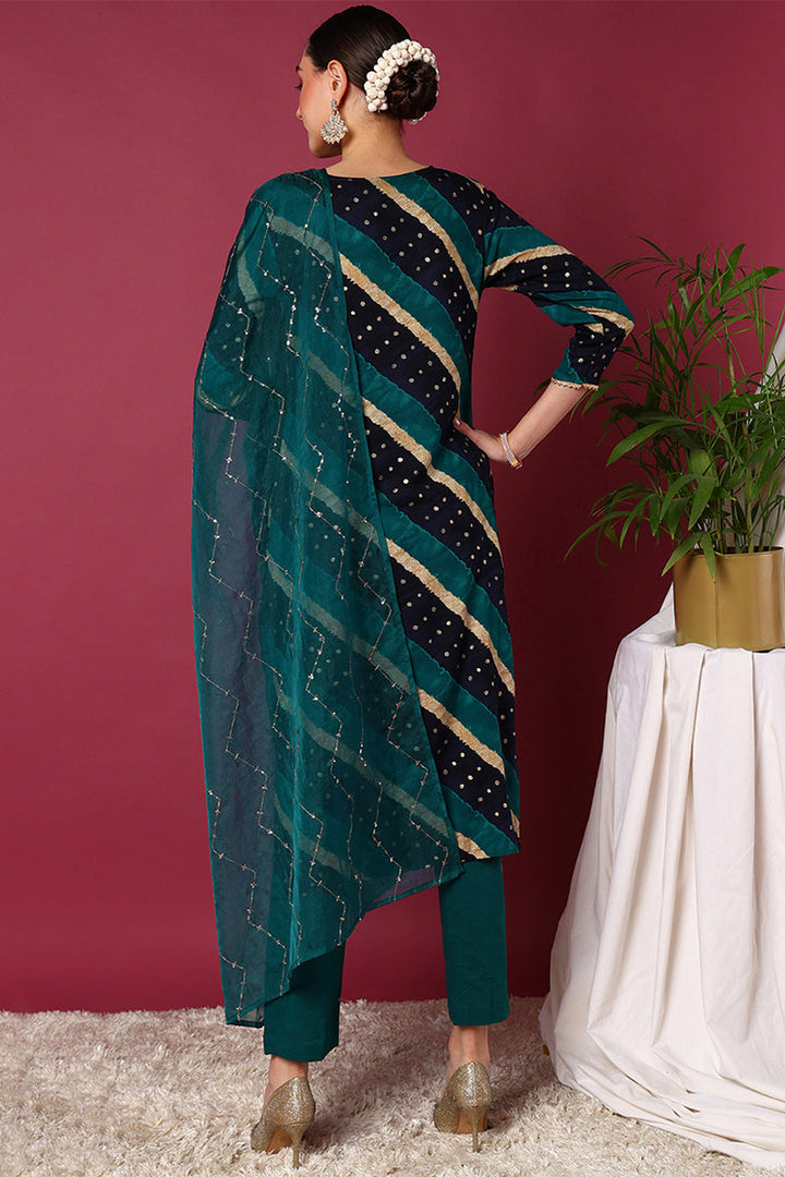 Navy Blue Viscose Rayon Leheriya Printed Suit Set