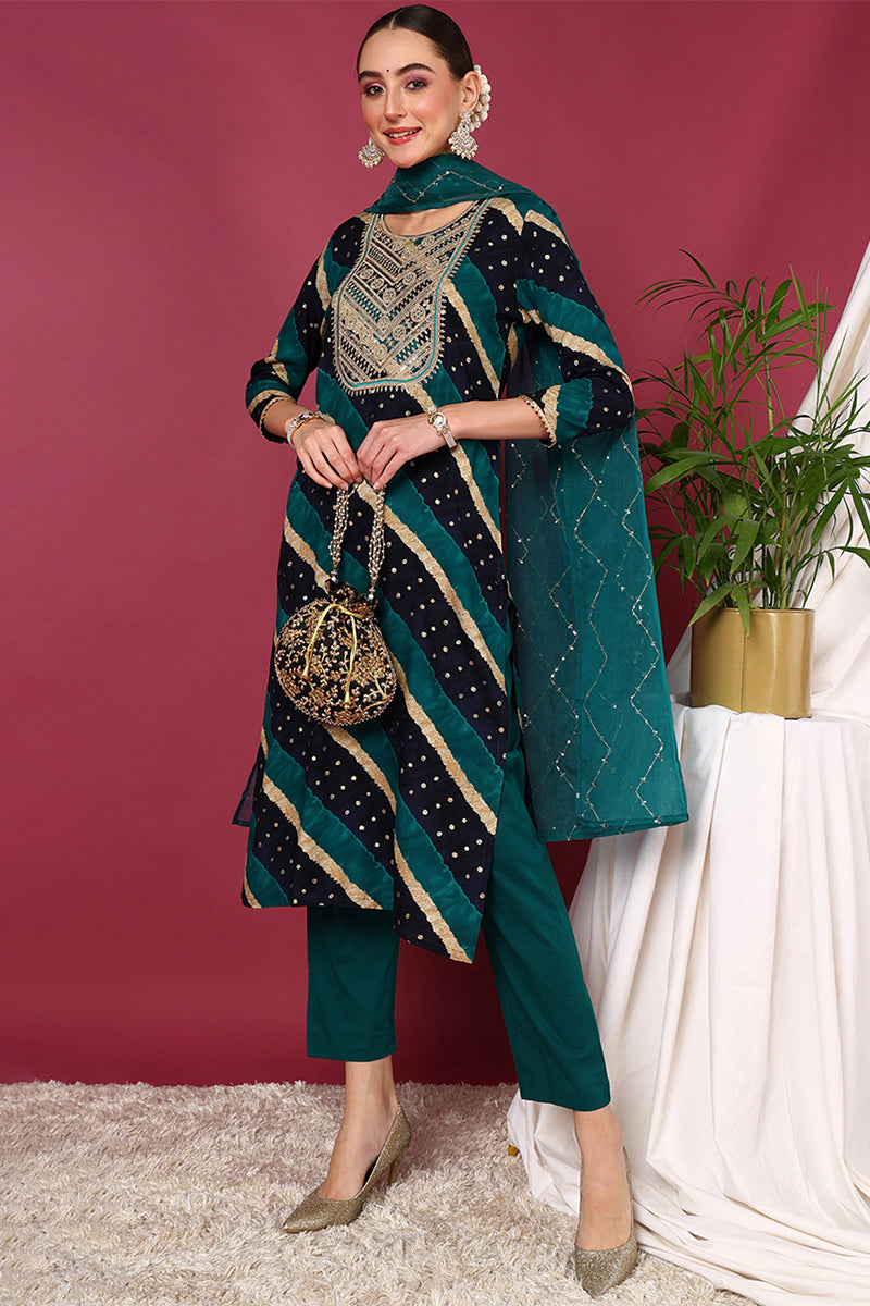 Navy Blue Viscose Rayon Leheriya Printed Suit Set