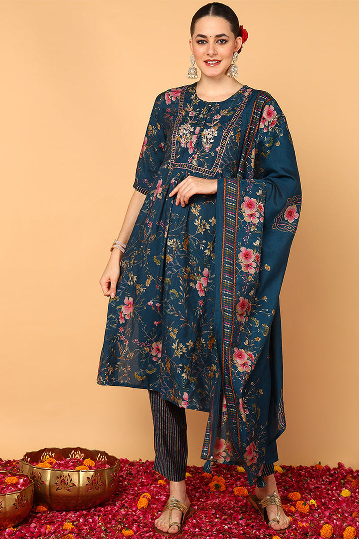 Blue-Poly-Chanderi-Floral-Printed-Flared-Anarkali-Set