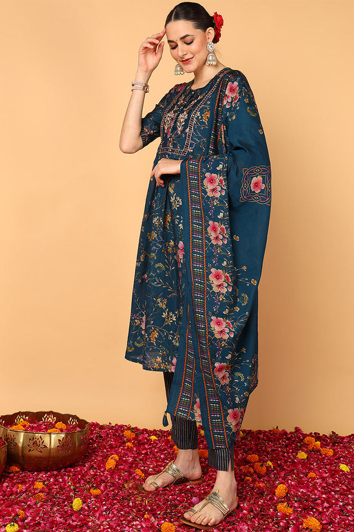 Blue-Poly-Chanderi-Floral-Printed-Flared-Anarkali-Set