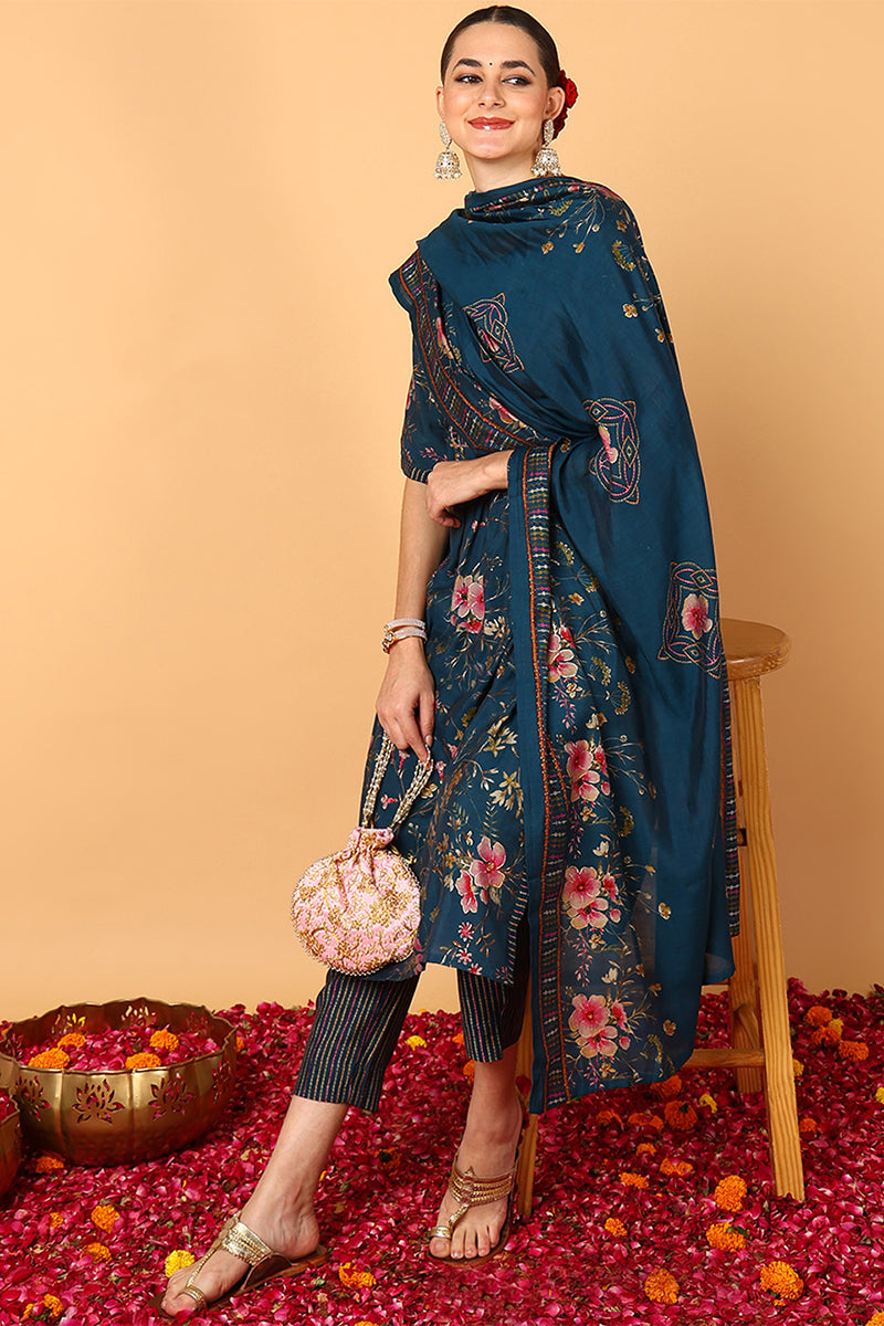 Blue-Poly-Chanderi-Floral-Printed-Flared-Anarkali-Set