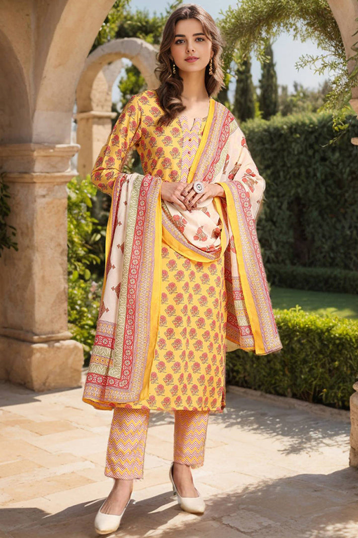 Yellow-Rayon-Blend-Floral-Printed-Straight-Kurta-Set