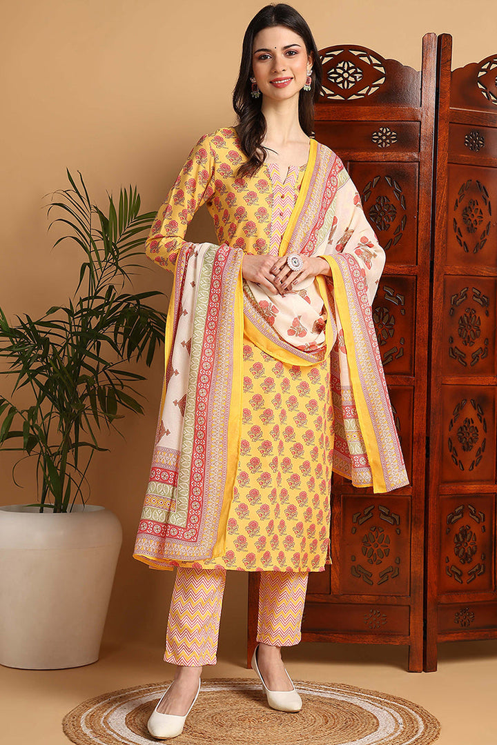 Yellow-Rayon-Blend-Floral-Printed-Straight-Kurta-Set
