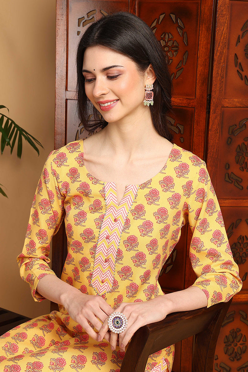 Yellow-Rayon-Blend-Floral-Printed-Straight-Kurta-Set