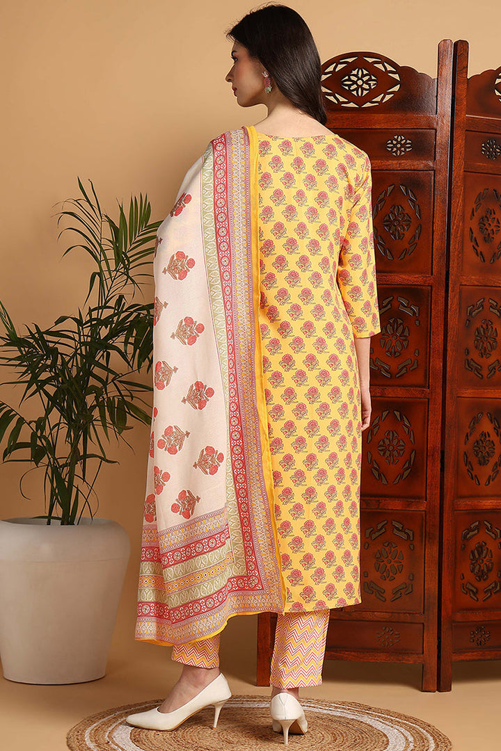 Yellow-Rayon-Blend-Floral-Printed-Straight-Kurta-Set